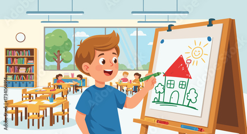 Young boy enthusiastically drawing a colorful house with a sun and trees on an easel in a bright classroom setting, fostering creativity and learning