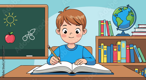 A young boy diligently studying at his desk, engrossed in his book with a pencil in hand, surrounded by educational materials like a globe and bookshelf in a classroom setting