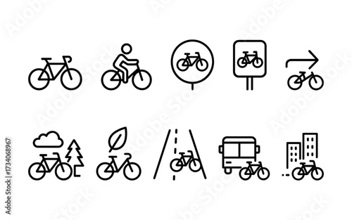 Set of twelve black line icons including bicycles, cyclist, road signs, bike lanes, eco transport, trees, and buildings.
