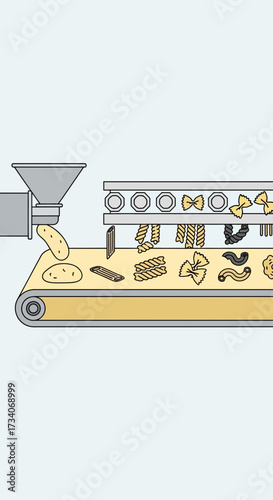Industrial production line with various food items being processed.