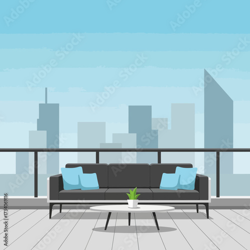 Sofa on balcony with city skyline view
