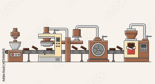 Automated factory line processing materials with machinery and conveyor belts.