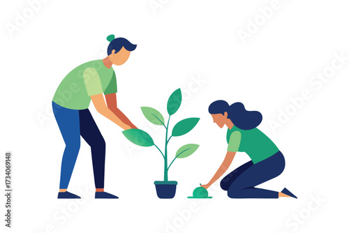 A couple plants a tree, representing growth, environmental care, and a shared commitment to sustainability isolated on white background
