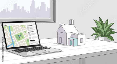 Laptop with map and house model on desk near window.