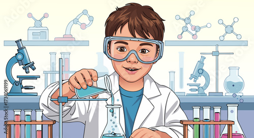 Young boy in safety goggles and lab coat carefully pouring liquid from a beaker into a flask in a science laboratory filled with scientific equipment and colorful solutions