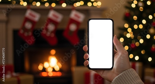 A hand holding a smartphone with a blank screen in front of a cozy, decorated Christmas fireplace with stockings and a glowing tree.
