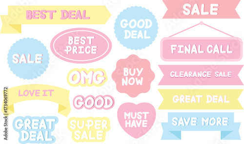 Vector illustrations of pastel sale icons including best deal, best price, buy now, must have, final call, clearance sale, save more, love it for online shopping, web icon, discount, campaign badges