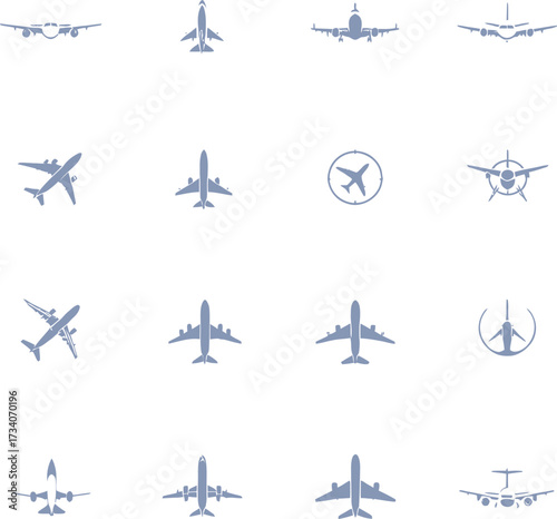 Airplane icon set with front, top, side, and angled views in minimal blue vector style for aviation, travel, and flight themes
