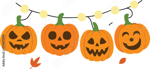 Halloween hanging carved pumpkins with glowing string lights, festive autumn decoration, spooky jack-o'-lantern faces, seasonal celebration, cheerful fall mood, holiday party concept