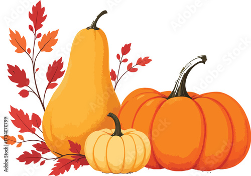 Autumn harvest vector with pumpkins and fall leaves in warm seasonal colors for Thanksgiving, Halloween, and cozy decor themes