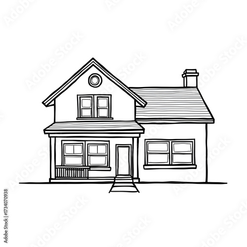 Sketch of a Cozy Home: A detailed pen-and-ink sketch depicts a charming two-story house with a welcoming porch, a testament to the simplicity and elegance of architectural design.