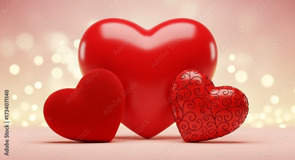 Obraz premium Three Red Hearts on Pink Background with Bokeh Lights Symbolizing Love and Romance.