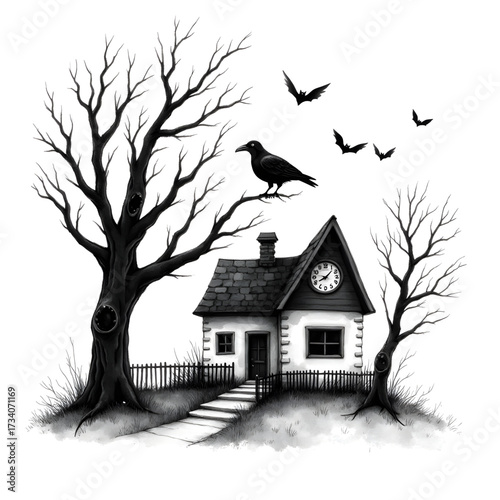 Gothic House at Twilight: An eerie gothic house stands silhouetted beneath a foreboding sky, with a watchful crow perched upon a bare tree branch.