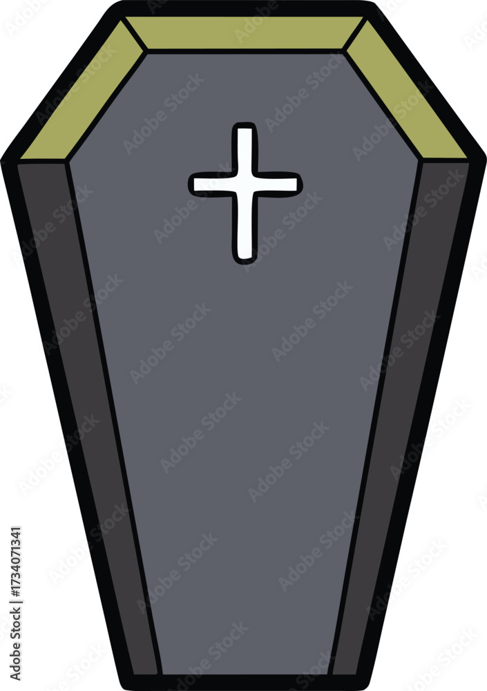 Obraz premium Cartoon coffin with a cross on top, illustrated in a playful style, set against a simple background.