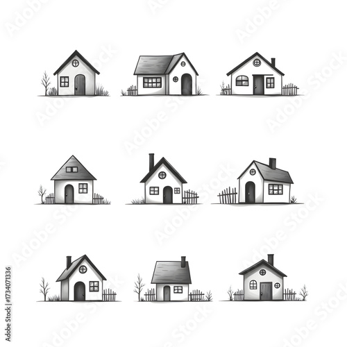 Charming House Sketches: A collection of nine hand-drawn illustrations presents various architectural styles of cozy homes.