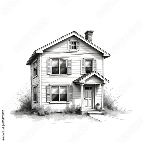 Cozy Home Sketch: A charming two-story home, captured in an elegant monochrome sketch, embodies the quintessential essence of comfort and architectural detail.