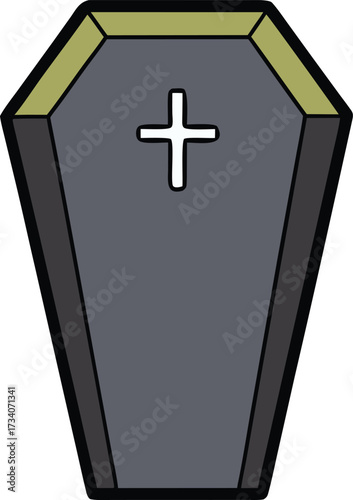 Cartoon coffin with a cross on top, illustrated in a playful style, set against a simple background.