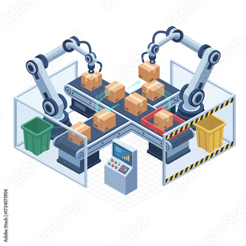 Robotic Sorting System AI with automated handling and warehouse logistics, featuring robot arms moving packages on a conveyor belt