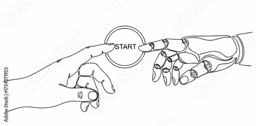 Human and robotic hands simultaneously press the "Start" button, symbolizing the transition from manual labor to automation and human-AI collaboration.