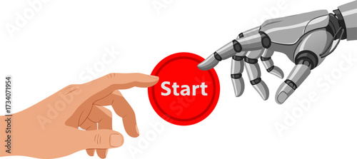 Human and robotic hands simultaneously press the "Start" button, symbolizing the transition from manual labor to automation and human-AI collaboration.