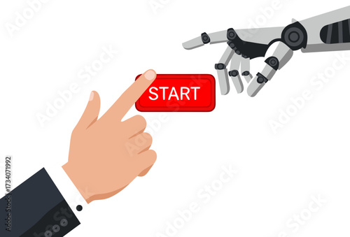 Human and robotic hands simultaneously press the "Start" button, symbolizing the transition from manual labor to automation and human-AI collaboration.