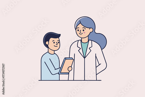A female doctor is consulting with a young patient about their health, isolated on white background they are looking at a tablet