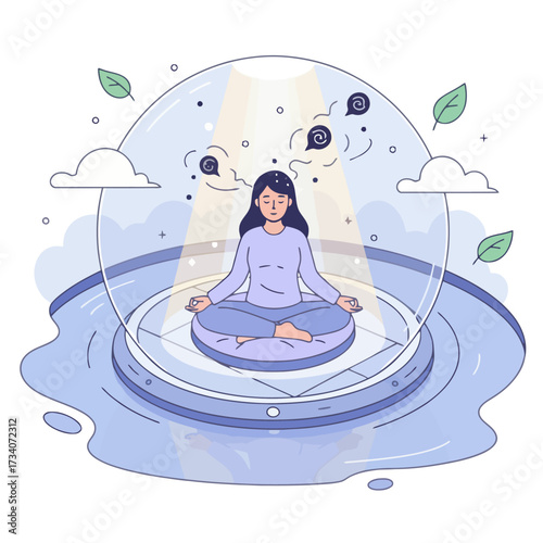 Mental Clarity Pod AI for mindfulness meditation and stress relief, featuring a woman in a lotus pose under a protective dome