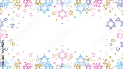 Colorful Star of David border pattern with bright festive design and copy space for Hanukkah Jewish holiday celebration.