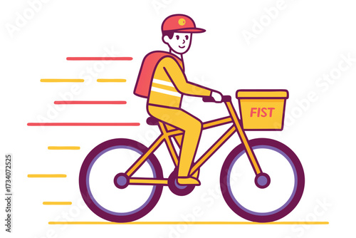 A delivery man on a bicycle with a delivery box on his back isolated on white background is delivering food to customers