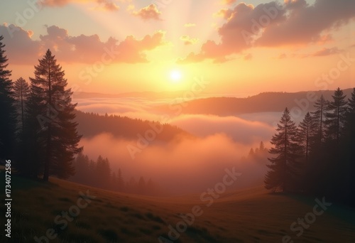 Breathtaking Sunrise Over Misty Hills Silhouetted Trees Nature Landscape Peaceful Dawn Sky
