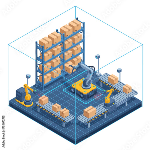 Autonomous Warehouse Picker vector: mobile robotics for order fulfillment, showcasing logistics automation and modern Industry 4.0 technology