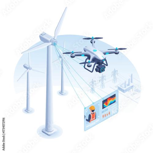 AI-guided drone inspection vector for predictive maintenance of wind turbines, showcasing renewable energy and industrial technology monitoring