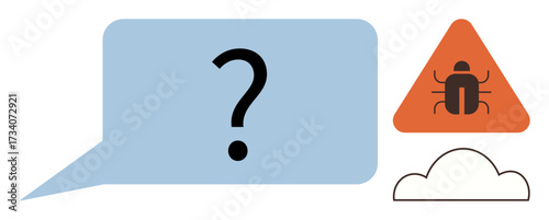 Blue speech bubble with question mark, orange warning triangle with bug and white cloud symbol. Ideal for technology, cybersecurity, cloud storage, problem-solving, warning, troubleshooting