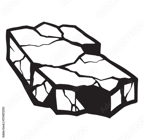 Black and white illustration of a broken stone or rock element with cracks and fissures