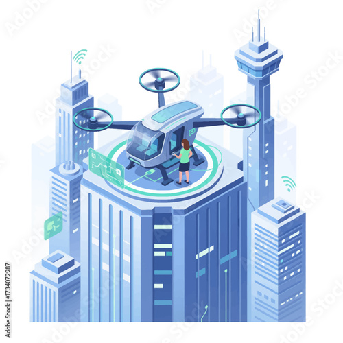 AI-powered drone taxi illustration for urban air mobility (UAM), depicting autonomous future transportation and smart city connectivity on a skyscraper rooftop