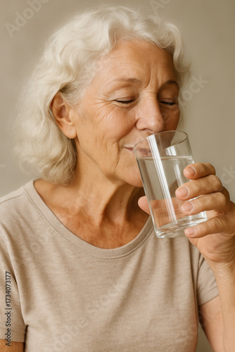 Woman drinking water. Healthy lifestyle of senior woman