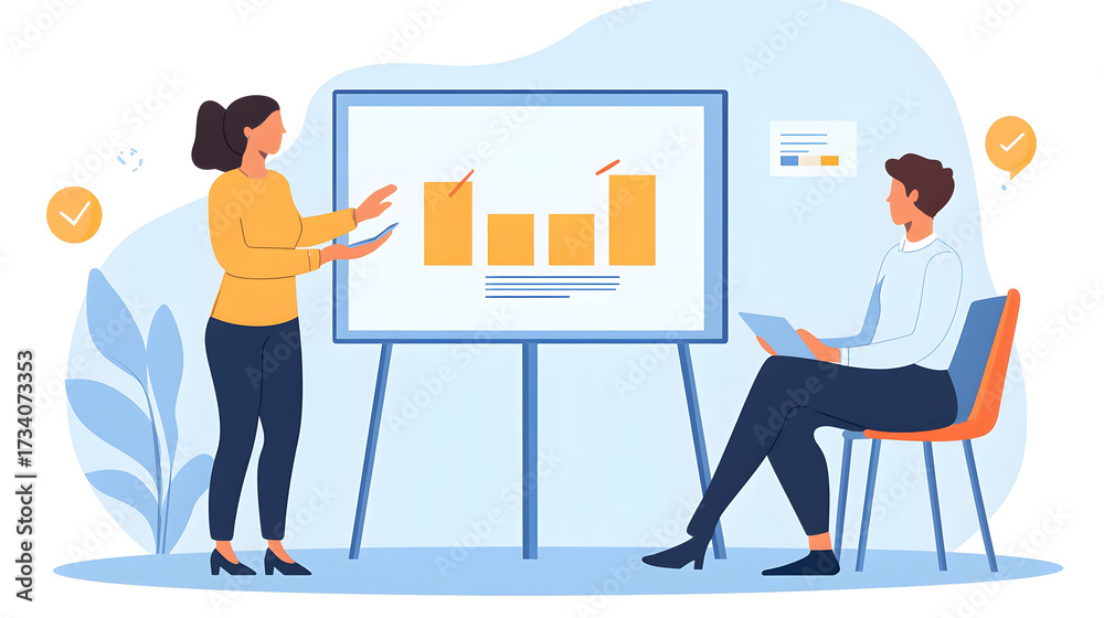 Fototapeta premium A woman demonstrates a presentation on a board while engaging with her partners in a business discussion.