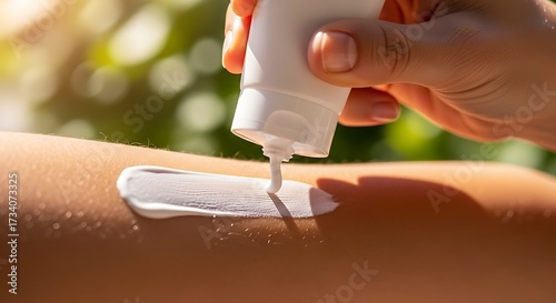Person Applying Sunscreen Lotion to Arm for Sun Protection.