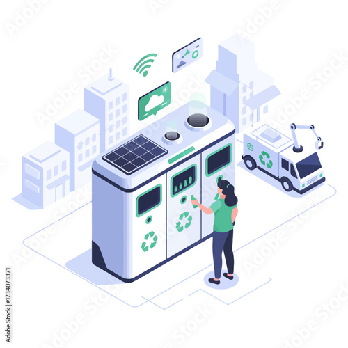 IoT-enabled recycling bin vector illustration for Smart Waste Management and Sustainability in a modern Internet of Things city