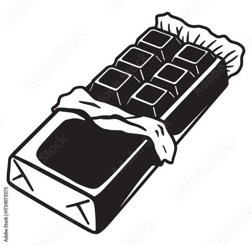 Black and white illustration of a partially unwrapped chocolate bar against white background