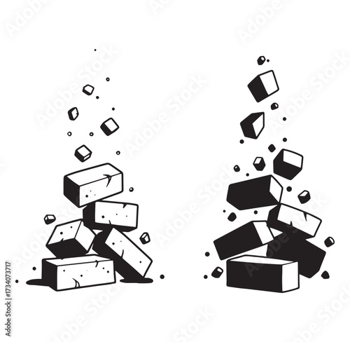 Black and white illustration of collapsing brick piles in vector style isolated