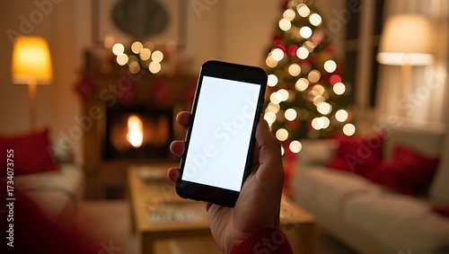 A person's hand holding a smartphone with a blank white screen in a cozy living room decorated for the Christmas holidays.