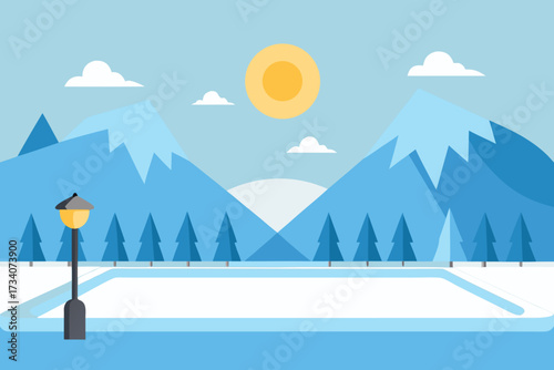 A tranquil winter scene featuring snow-draped mountains and a classic street lamp casting a warm glow.