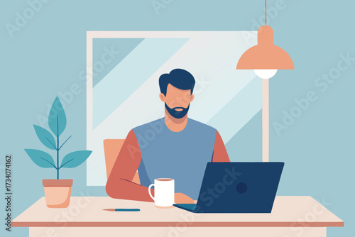 Bearded man working on laptop at home office with plant and lamp, remote worker, freelancer, vector illustration concept