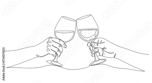 A continuous line drawing of two hands holding wine glasses and clinking them, symbolizing a celebratory toast. Vector illustration of calligraphy.