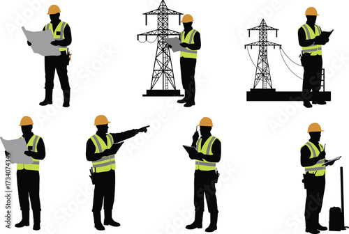 Vector illustration of construction workers and electrical engineers in safety vests with hard hats, utility tower maintenance, blueprint planning, field inspection