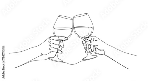 A continuous line drawing of two hands holding wine glasses and clinking them, symbolizing a celebratory toast. Vector illustration of calligraphy.