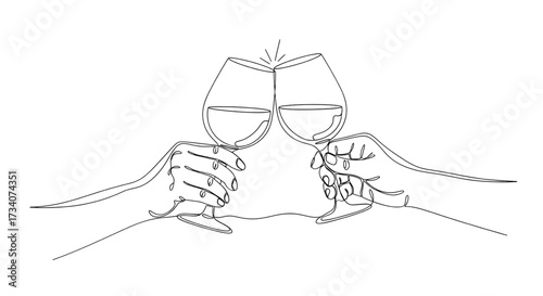 A continuous line drawing of two hands holding wine glasses and clinking them, symbolizing a celebratory toast. Vector illustration of calligraphy.