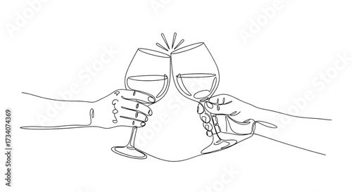 A continuous line drawing of two hands holding wine glasses and clinking them, symbolizing a celebratory toast. Vector illustration of calligraphy.