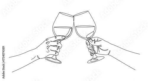 A continuous line drawing of two hands holding wine glasses and clinking them, symbolizing a celebratory toast. Vector illustration of calligraphy.